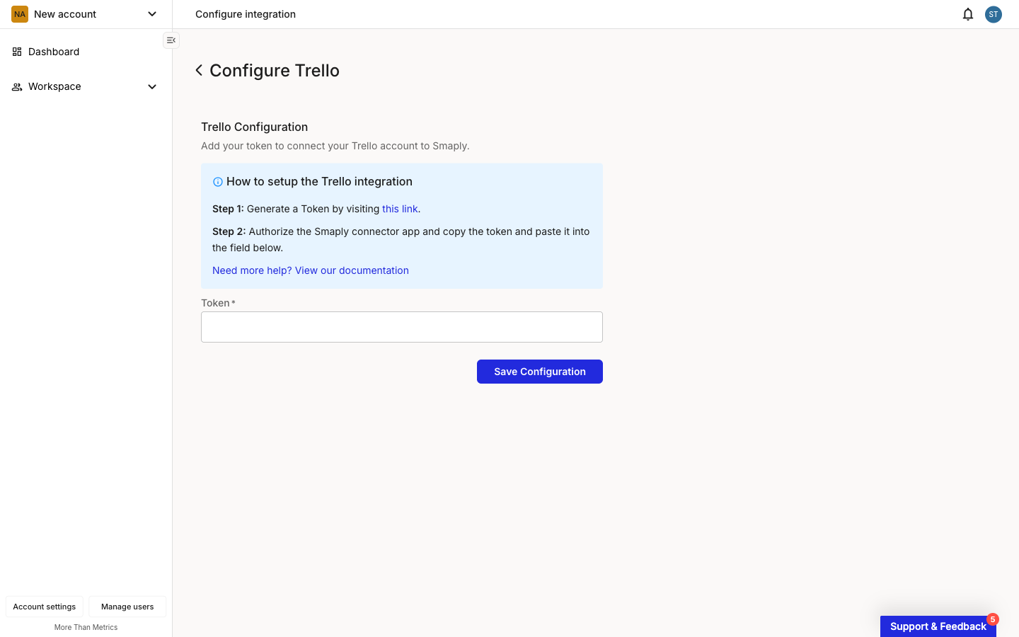 The Configure Trello page in Smaply. A Trello Configuration form shows one empty required field labelled Token, with a blue help block above explaining to generate a token by authorizing the Smaply connector app, and a Save Configuration button below.