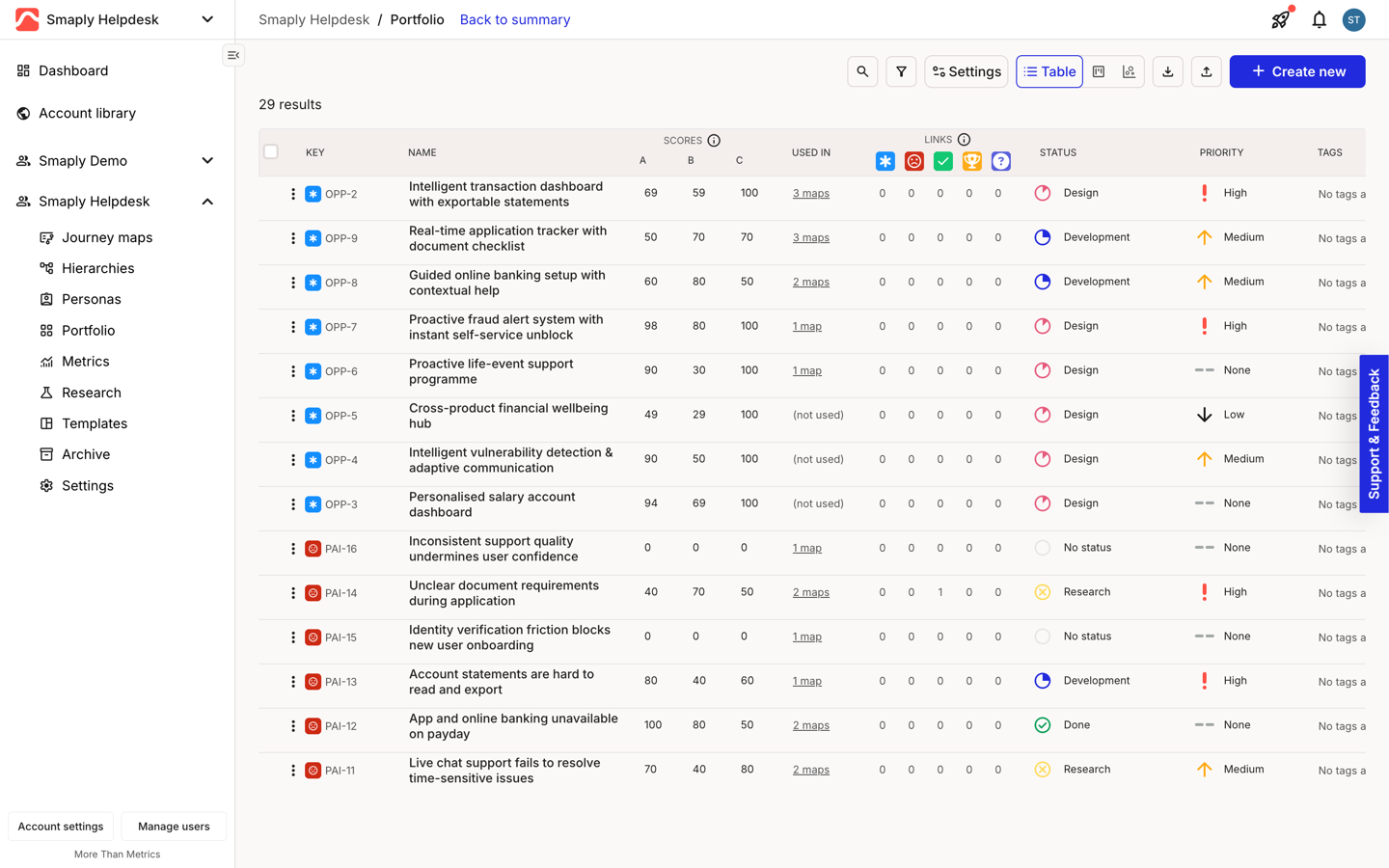 The portfolio Table toolbar showing, from left, search, filter, Settings, the Table/Board/Chart switcher, a download icon, an upload icon, and a blue + Create new button. The upload icon starts the import.