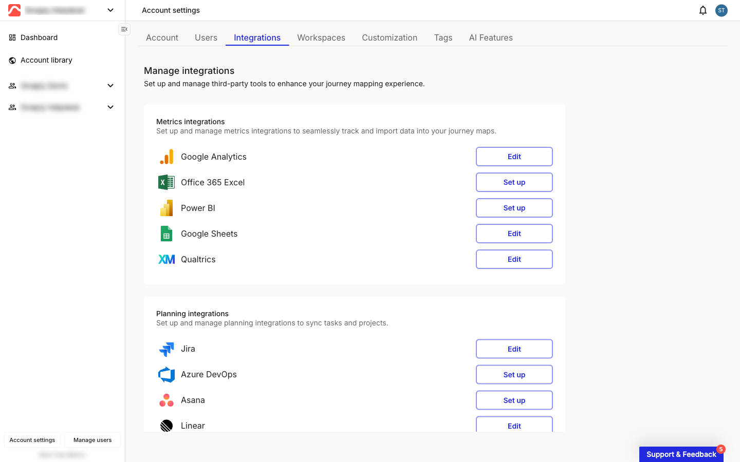 Account Settings on the Integrations tab, showing the metrics and planning tools each with a Set up or connected state.