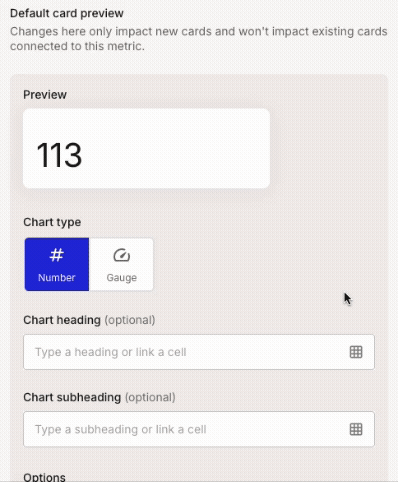 The Default card preview panel for a Number metric. A cell reference is typed into the Chart heading field, then the grid icon is clicked, and the field switches to show the resolved cell value with a chip carrying the cell reference.