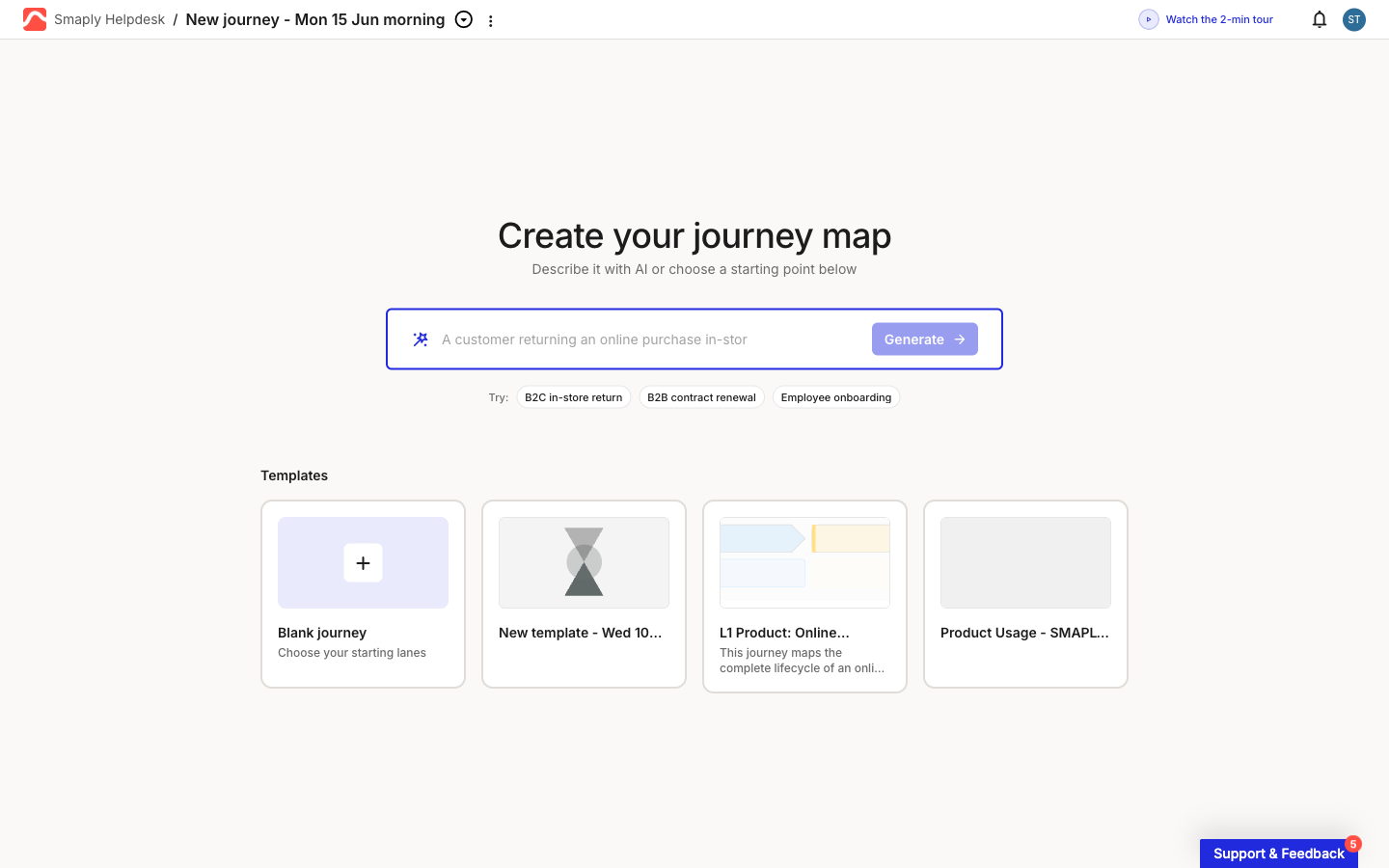 The Create your journey map start screen inside the editor. A prompt field with a Generate button sits below the heading, with Try chips beneath it, and a Templates row showing a Blank journey card followed by template cards.