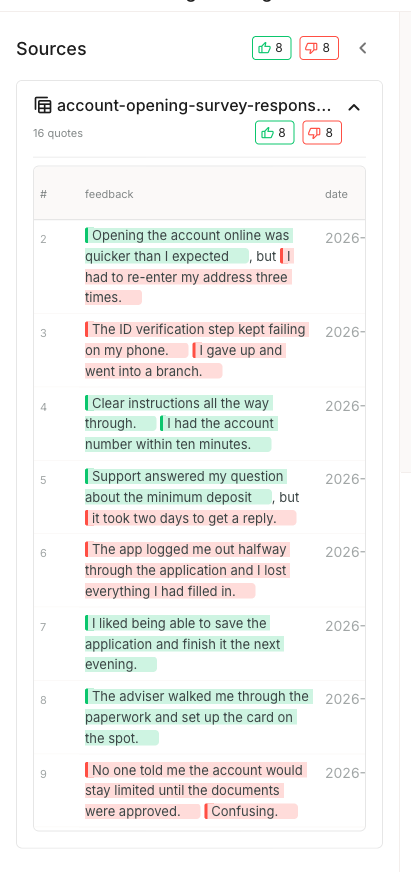 An expanded CSV source shown as a table with columns for row number, feedback, and date. Feedback text has sentiment-highlighted spans in green and red.