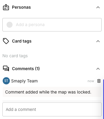 The card details panel on a locked journey map. The Add a persona field is greyed out, Card tags reads 'No card tags' with no add option, and Comments (1) shows a posted comment above an enabled Add a comment box.