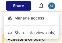The Share dropdown in the journey map editor, showing two options: Manage access and Share link (view-only).