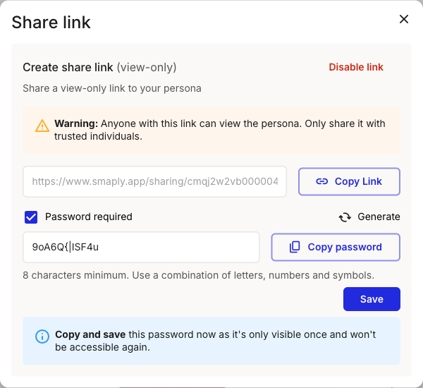 The Share link dialog with Password required ticked, showing a generated password, a Generate action, a Copy password button, the eight-character-minimum rule, a Save button, and a note that the password is only visible once.