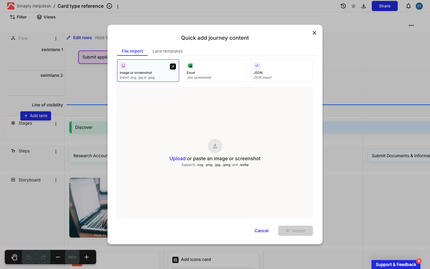 The Quick add journey content dialog on its File import tab. Three source cards sit at the top: Image or screenshot with an AI icon (selected), Excel, and JSON. Below them a dropzone reads Upload or paste an image or screenshot, supporting .svg, .png, .jpg, .jpeg, and .webp, with Cancel and Import buttons.