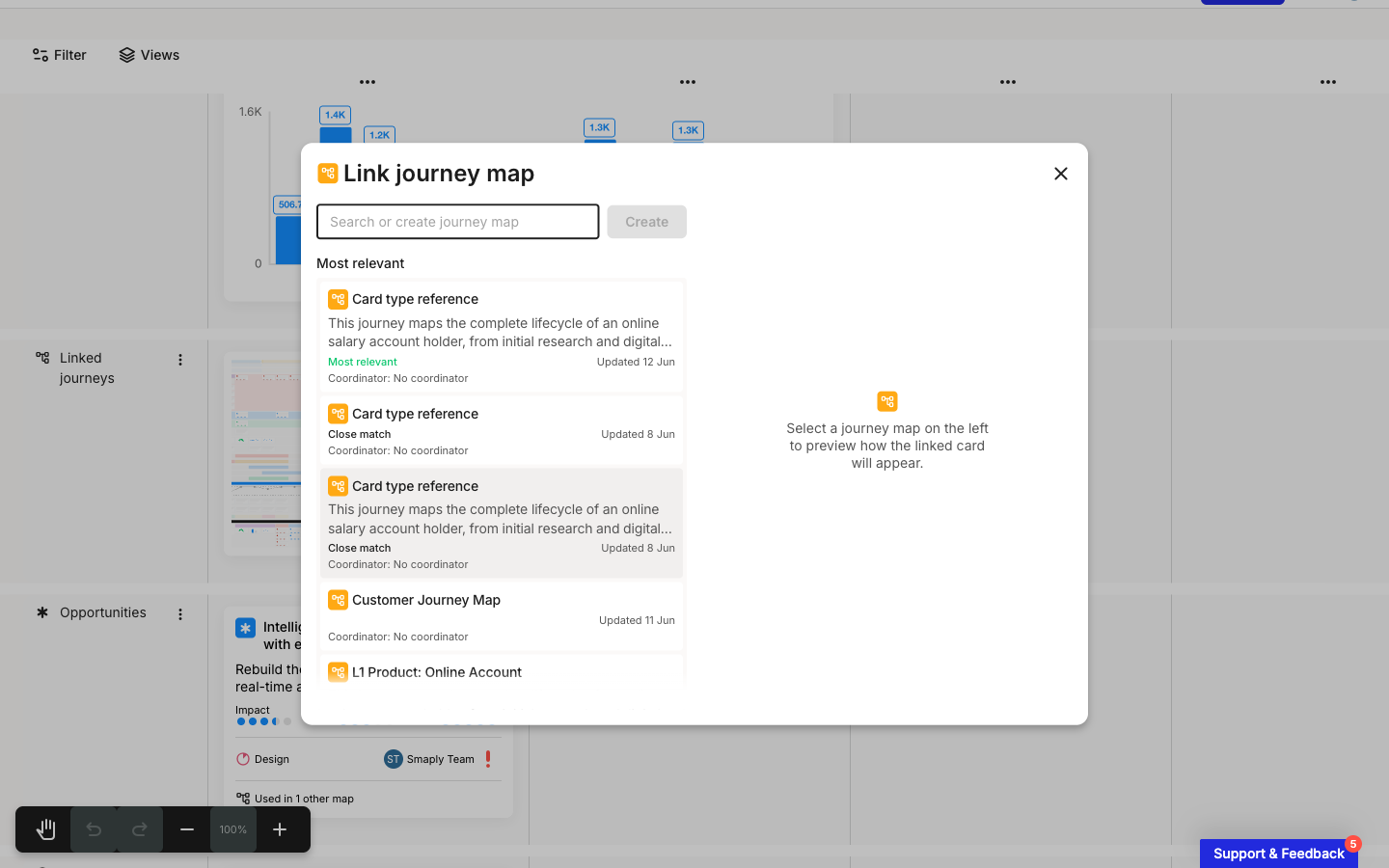 The Link journey map window open over a journey map. A Search or create journey map field sits at the top with a disabled Create button beside it. Below, a Most relevant list of journey maps, each with a name, description, a match label such as Most relevant or Close match, an Updated date, and a Coordinator line. The right pane reads Select a journey map on the left to preview how the linked card will appear.