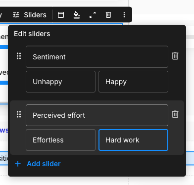 The Edit sliders popover with two sliders, Sentiment and Perceived effort, each with a drag handle and a delete icon, and an Add slider link below.