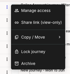 A journey maps list row with its three-dot menu open. The menu shows Manage access, Share link (view-only), Copy / Move, Lock journey with a padlock icon, and Archive.