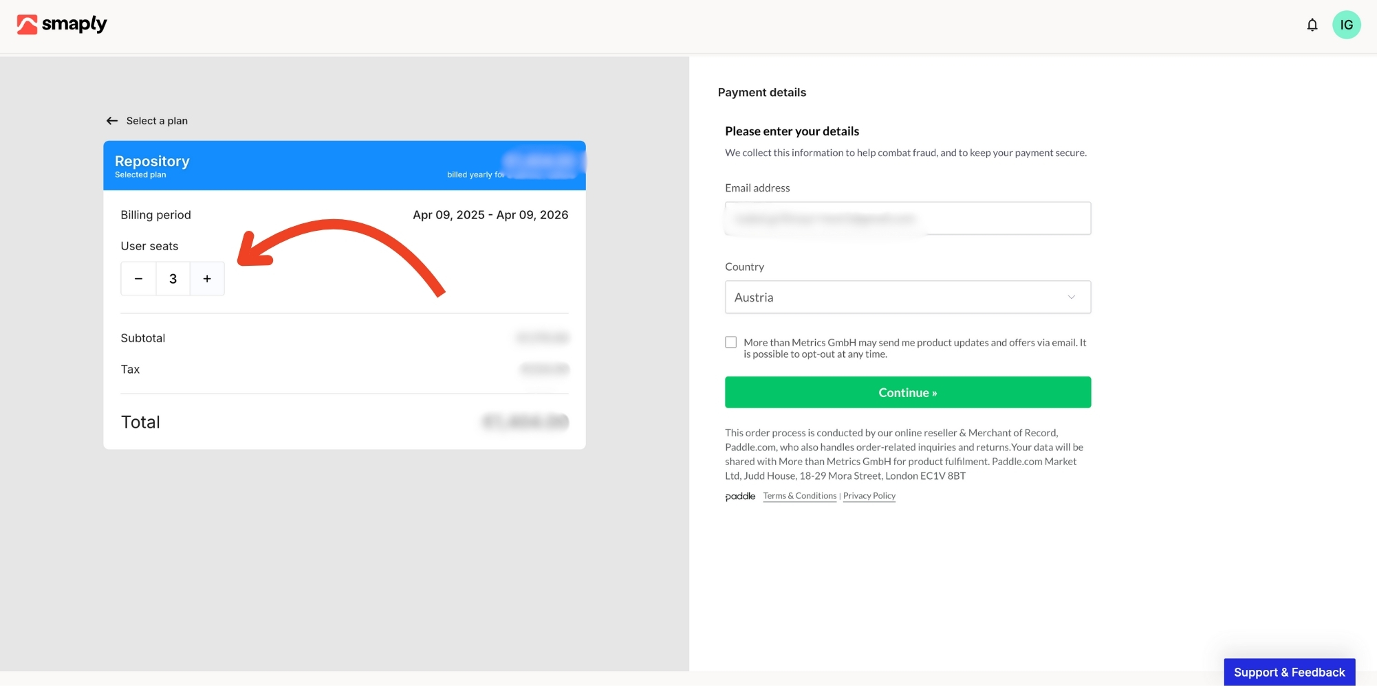 Setting the number of editor seats during the upgrade flow.