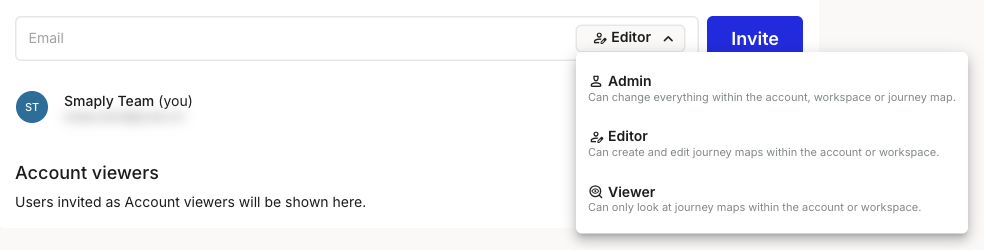 Account Settings on the Users tab with the invite panel open, showing an email field and the role dropdown listing Admin, Editor, and Viewer.