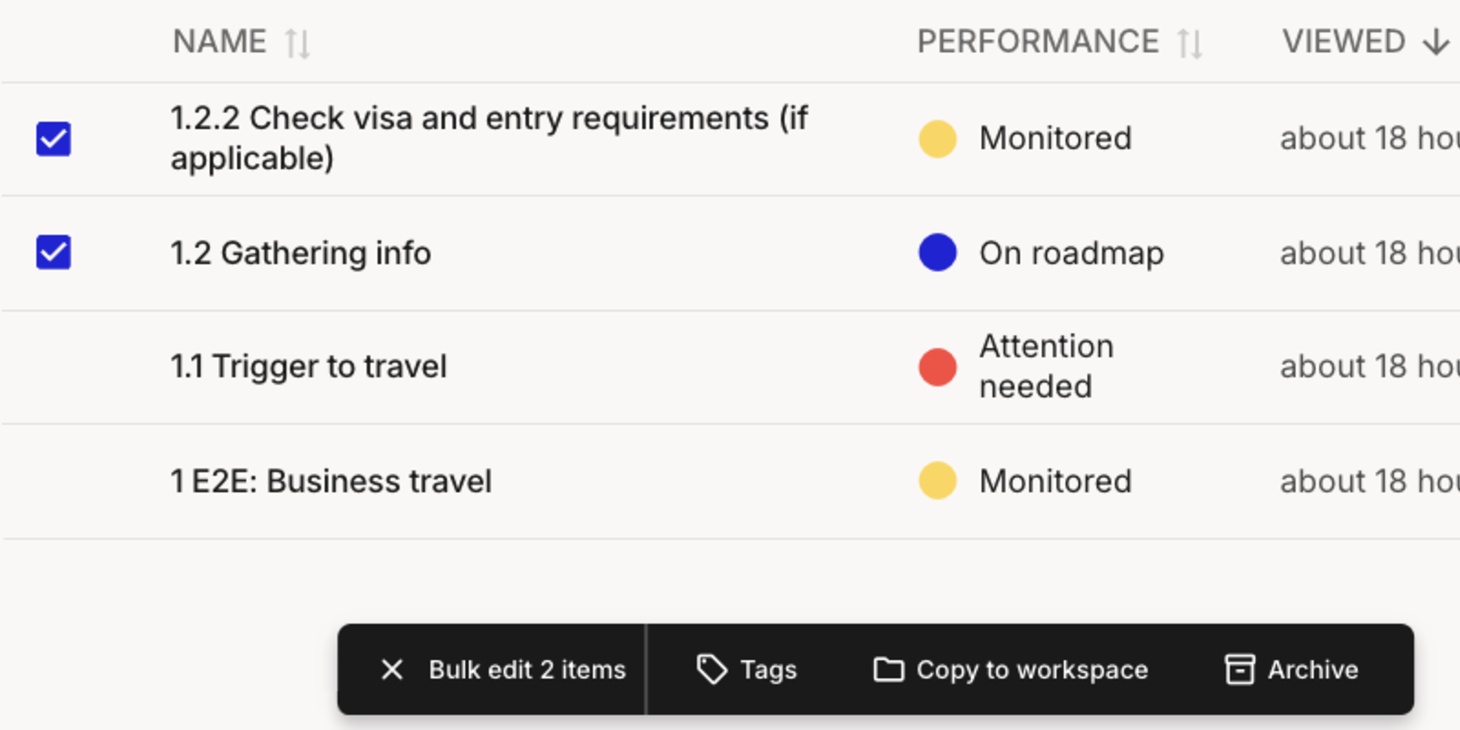 Bulk editing journey maps to archive, copy, or tag them