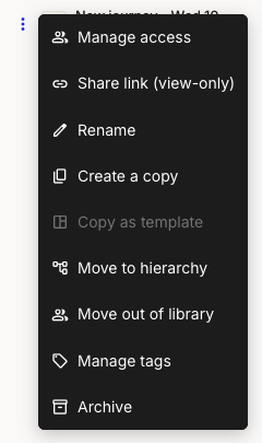 A library item three-dot menu listing Manage access, Share link, Rename, Create a copy, Copy as template (greyed out), Move to hierarchy, Move out of library, Manage tags, and Archive.