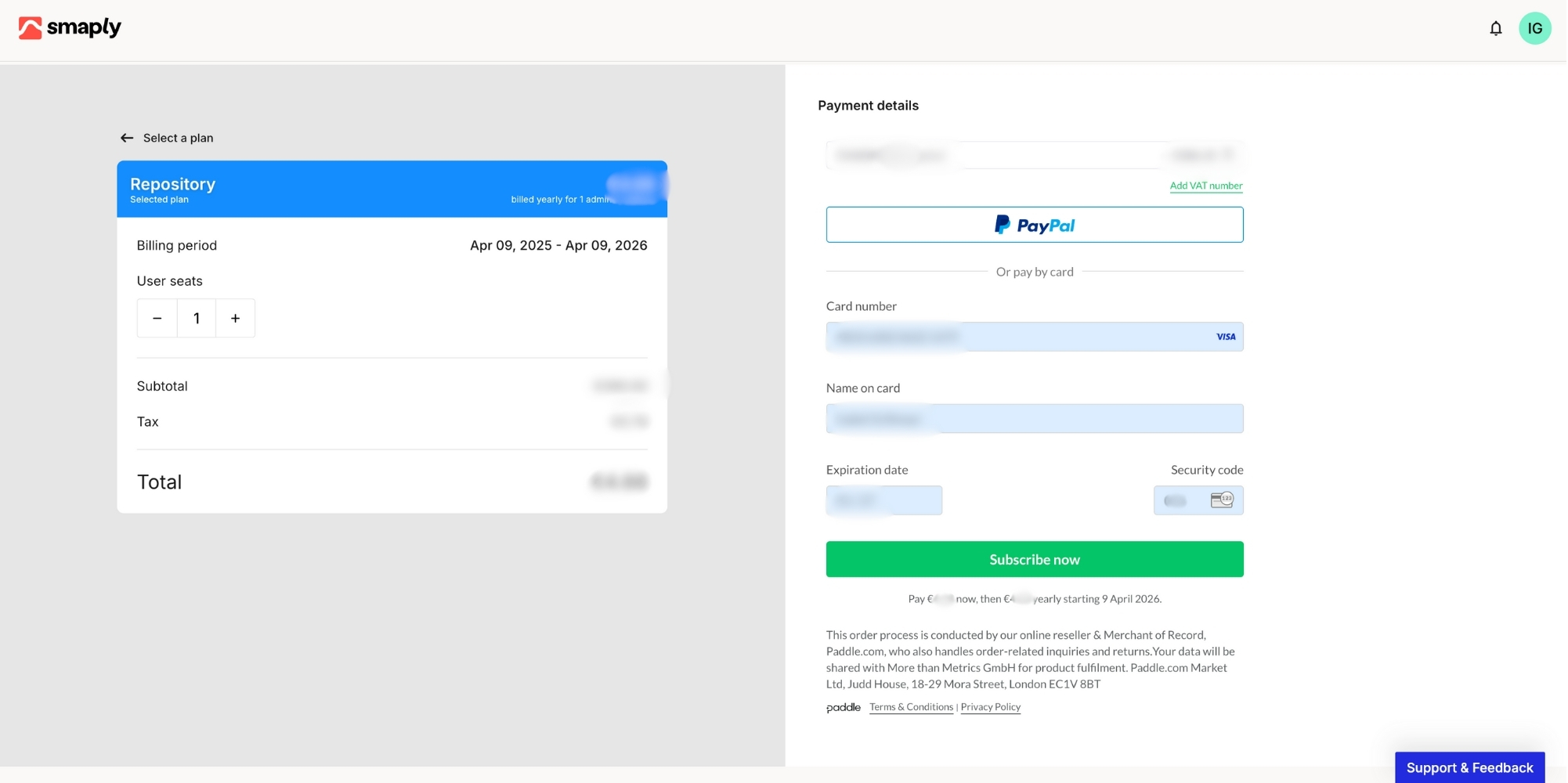 Entering credit card details during the upgrade flow.