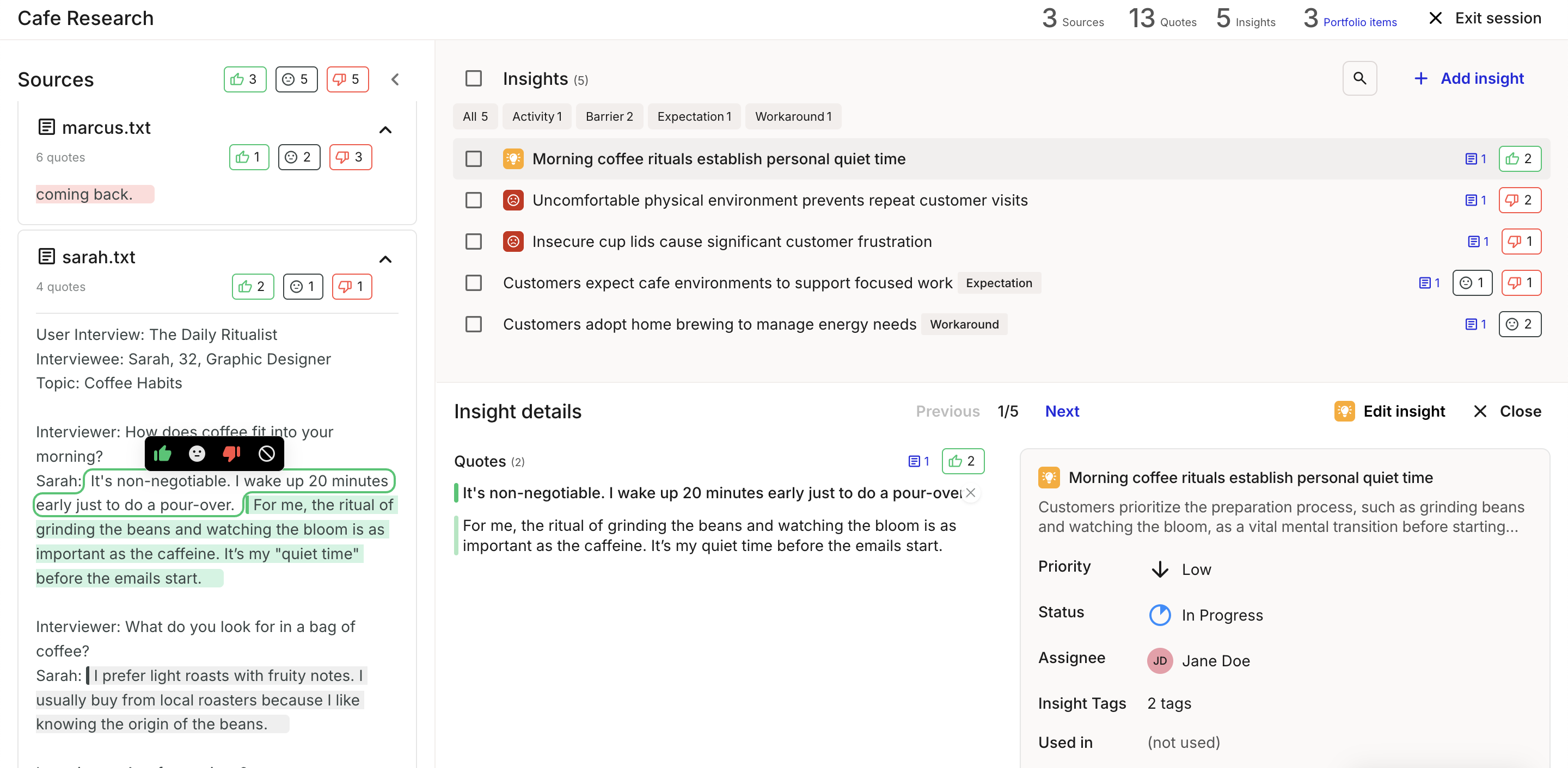 Research hub showing sources, AI-extracted insights, and insight details