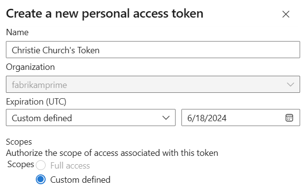 The Create a new personal access token dialog in Azure DevOps, with fields for Name, Organization, Expiration (UTC) set to a custom date, and a Scopes choice between Full access and Custom defined.