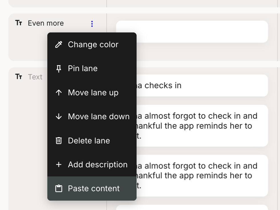 A lane three-dot menu open in the journey editor. The menu lists Change color, Pin lane, Move lane up, Move lane down, Delete lane, Add description, and Paste content, with Paste content highlighted.