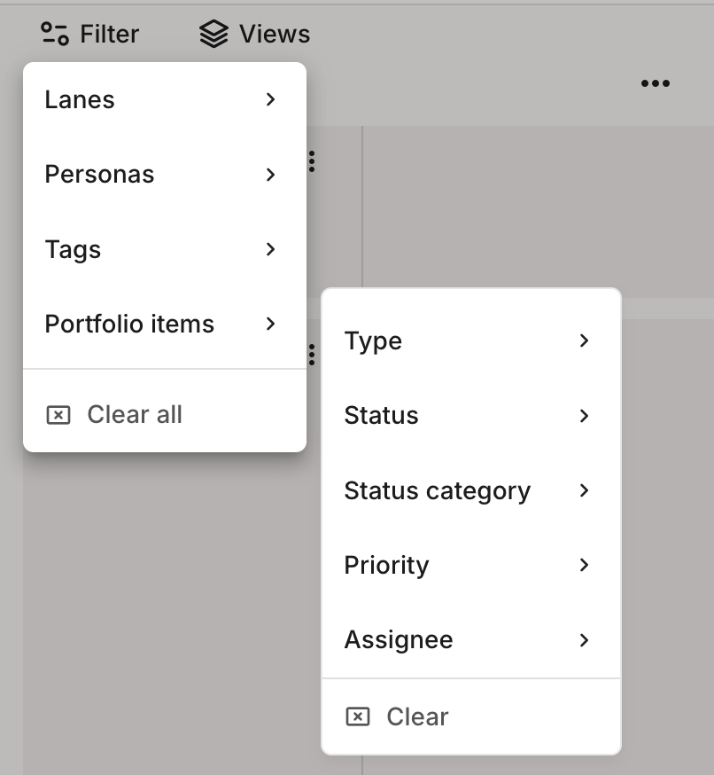 Journey map filter menu with Portfolio items options