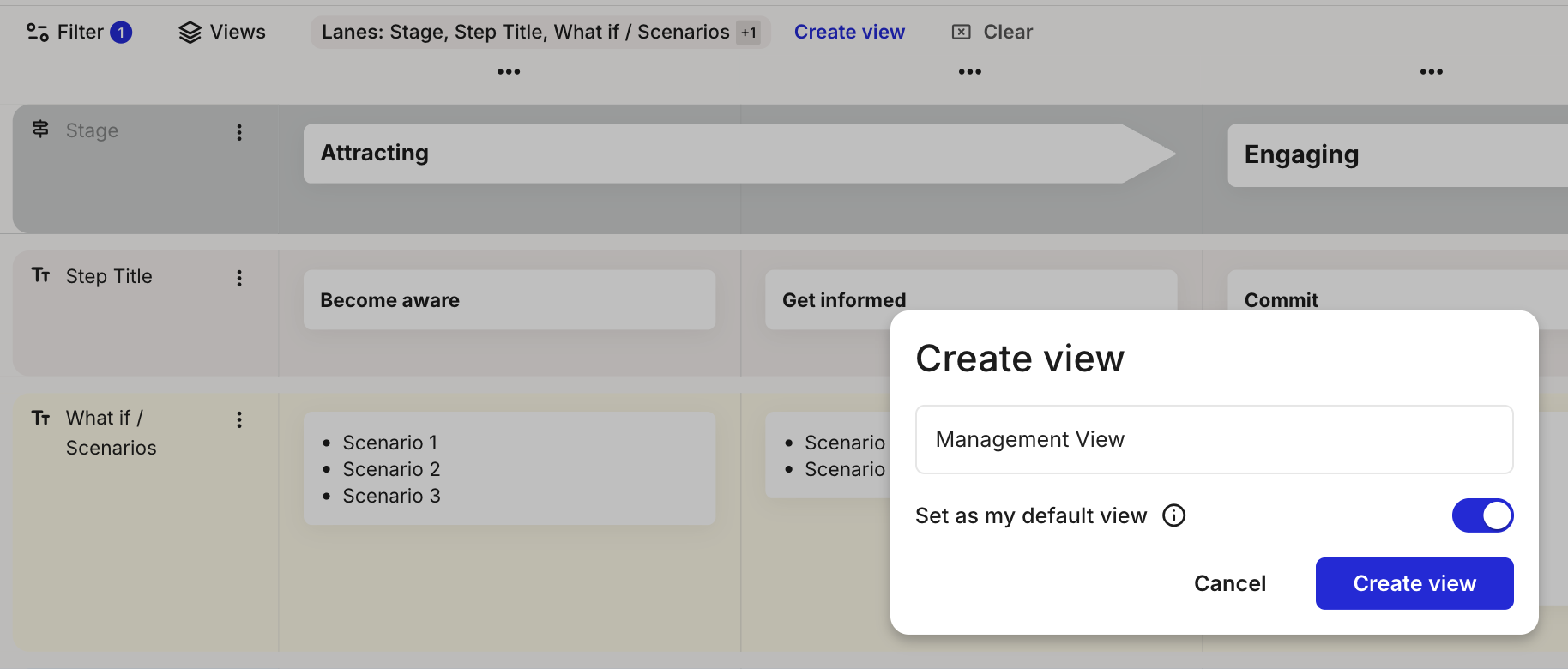 Journey editor filters matching the dashboard style with a saved default view
