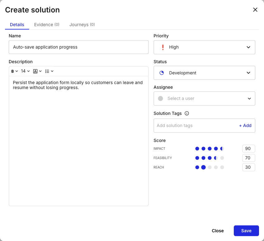 The Create solution modal with all Details fields filled: Name Auto-save application progress, a Description, Priority High, Status Development, and Score ratings of Impact 90, Feasibility 70, and Reach 30 shown as filled dots with matching numeric boxes.