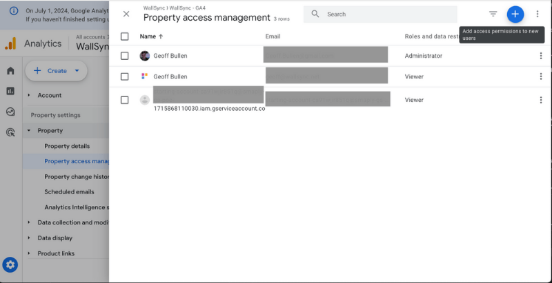 Google Analytics Property access management showing a service-account email added with the Viewer role, alongside the + button to add access permissions to new users.