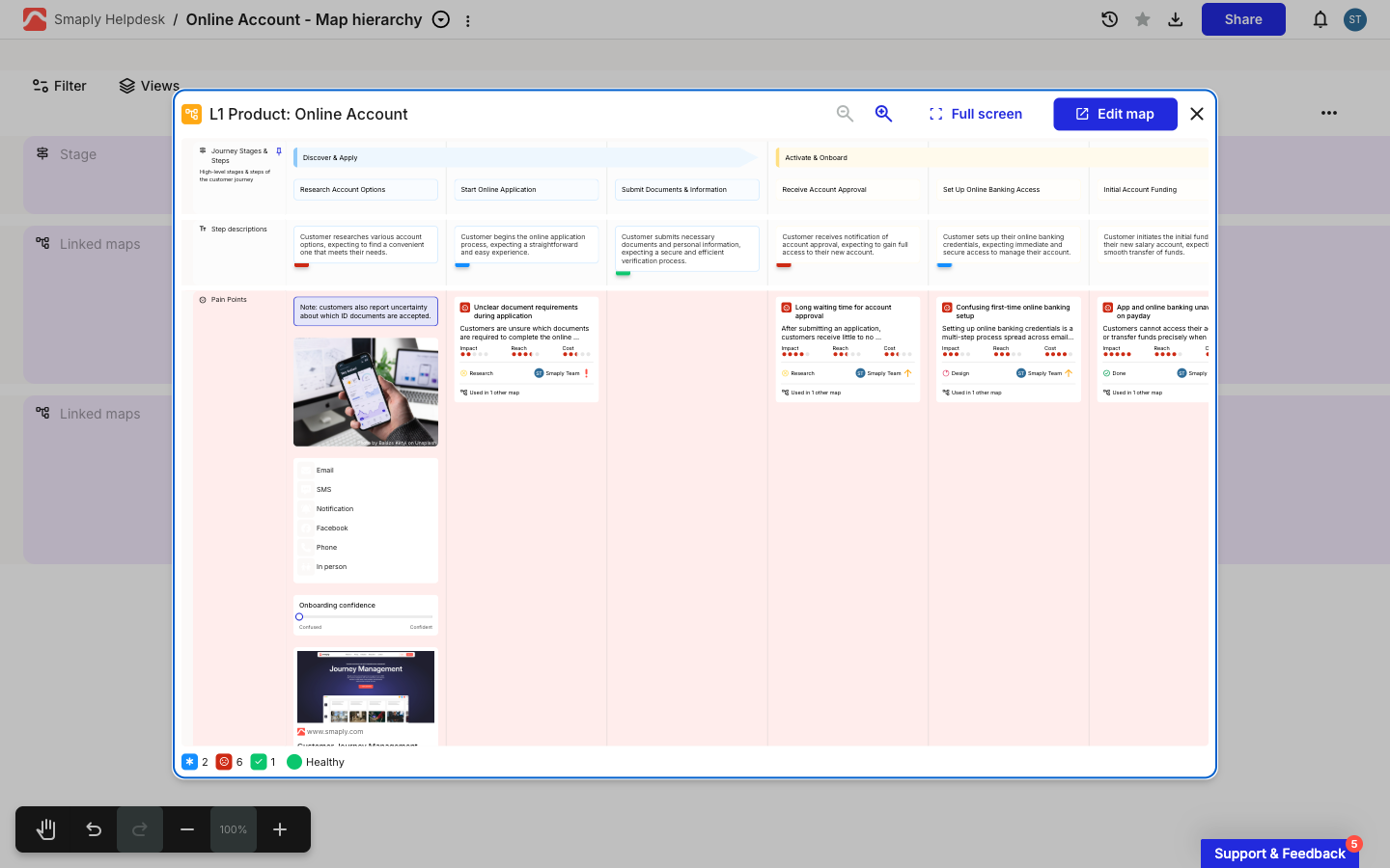 A linked journey map rendered in a preview overlay on top of the hierarchy map. The overlay header shows the map name, a Full screen toggle, and an Edit map button.