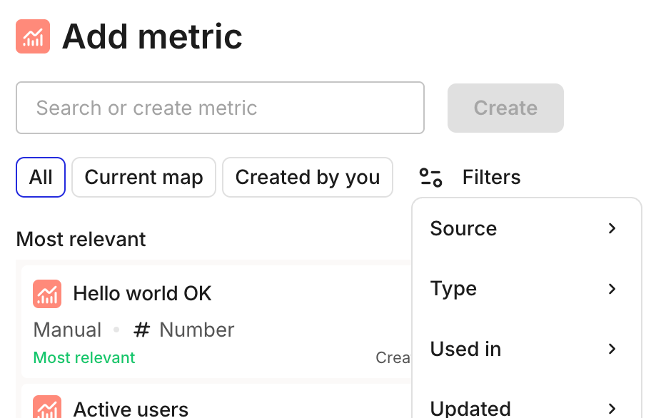 Add metric modal with quick filters