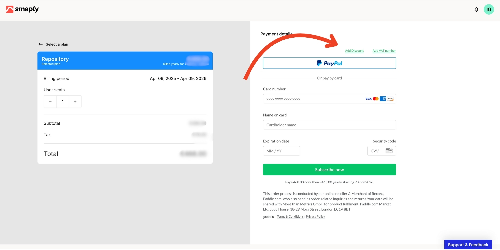 Entering a discount code or VAT number during the upgrade flow.