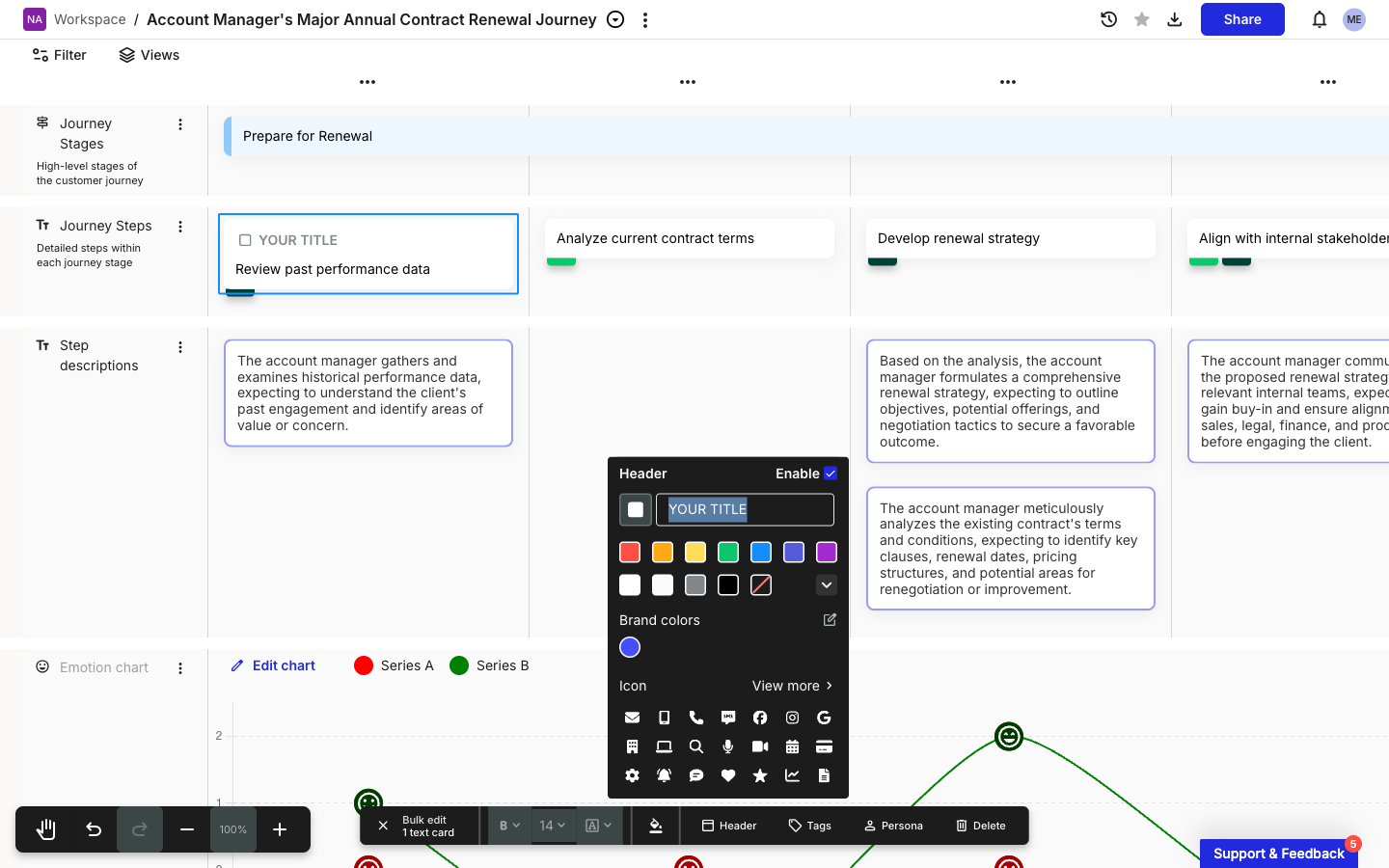 The Card header popover open beside the canvas. Top row reads Header with an Enable checkbox on the right. Below: a small color-swatch square and a text input field showing the placeholder YOUR TITLE. Then a color palette: seven primary swatches on the first row, five secondary swatches on the second, with a chevron-down. A Brand colors section follows with one custom blue swatch. Below: an Icon section labeled with a 'View more' link, showing a grid of standard icons. The selected Text card on the left now shows a YOUR TITLE header bar at its top.