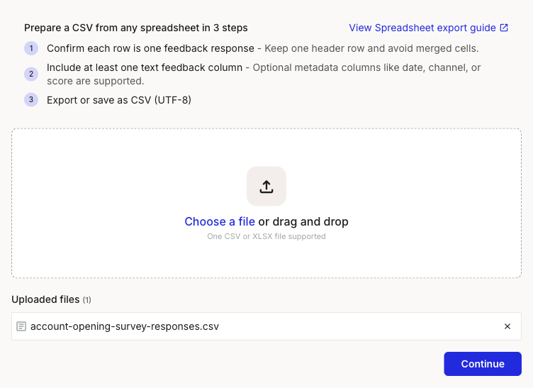 The Spreadsheet upload screen with account-opening-survey-responses.csv queued under Uploaded files (1) and an active Continue button at the bottom right.