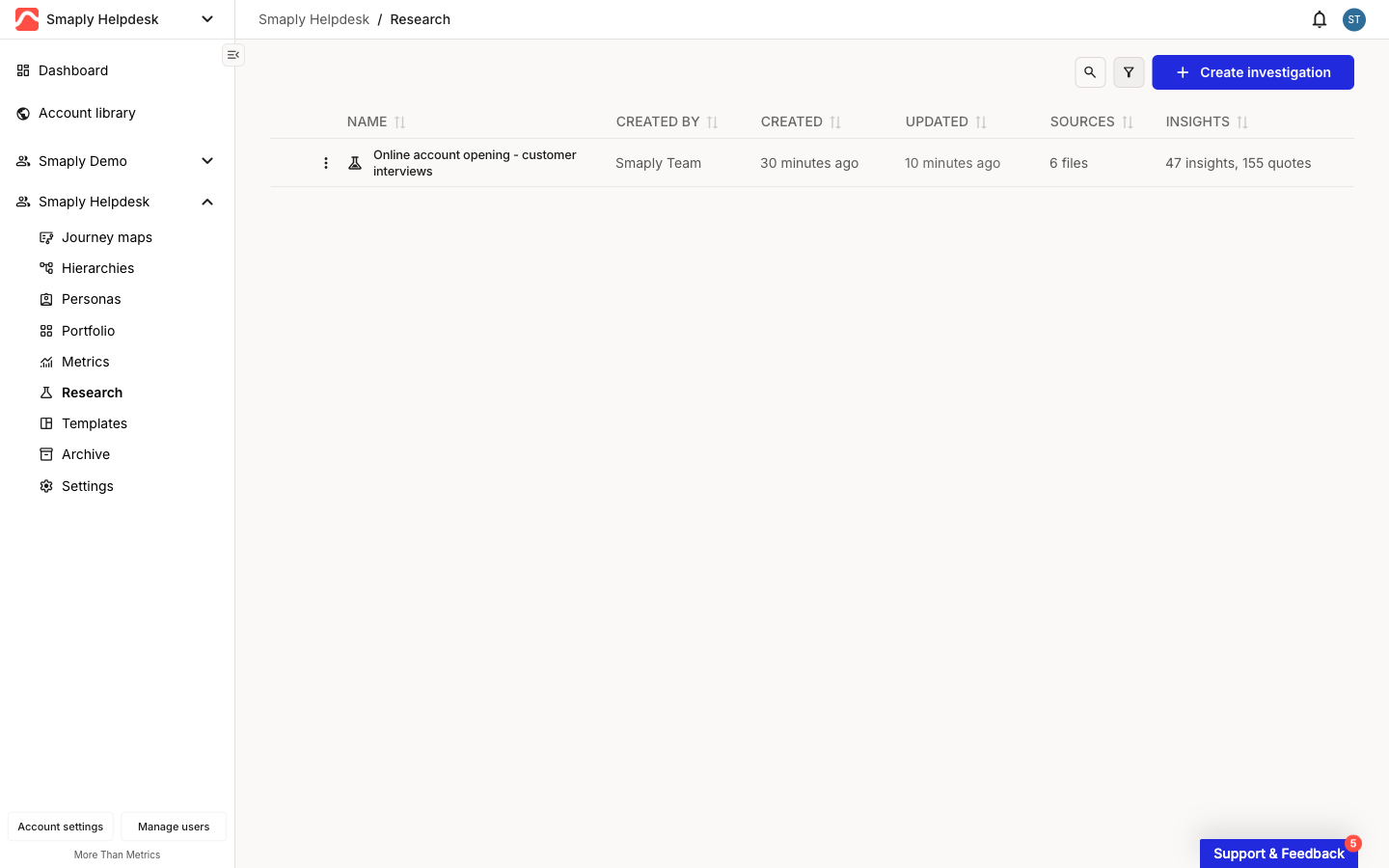 The Research list with one investigation row showing it was created by the workspace team, with 6 files under Sources and '47 insights, 155 quotes' under Insights. Search, filter, and Create investigation controls sit in the top-right.