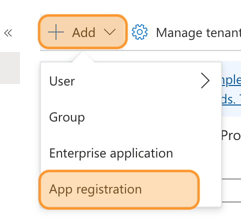 Microsoft Entra ID Add menu with the App registration option highlighted.