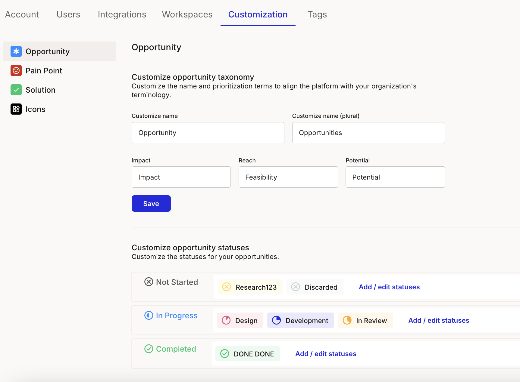 Account settings for defining custom portfolio statuses and icons