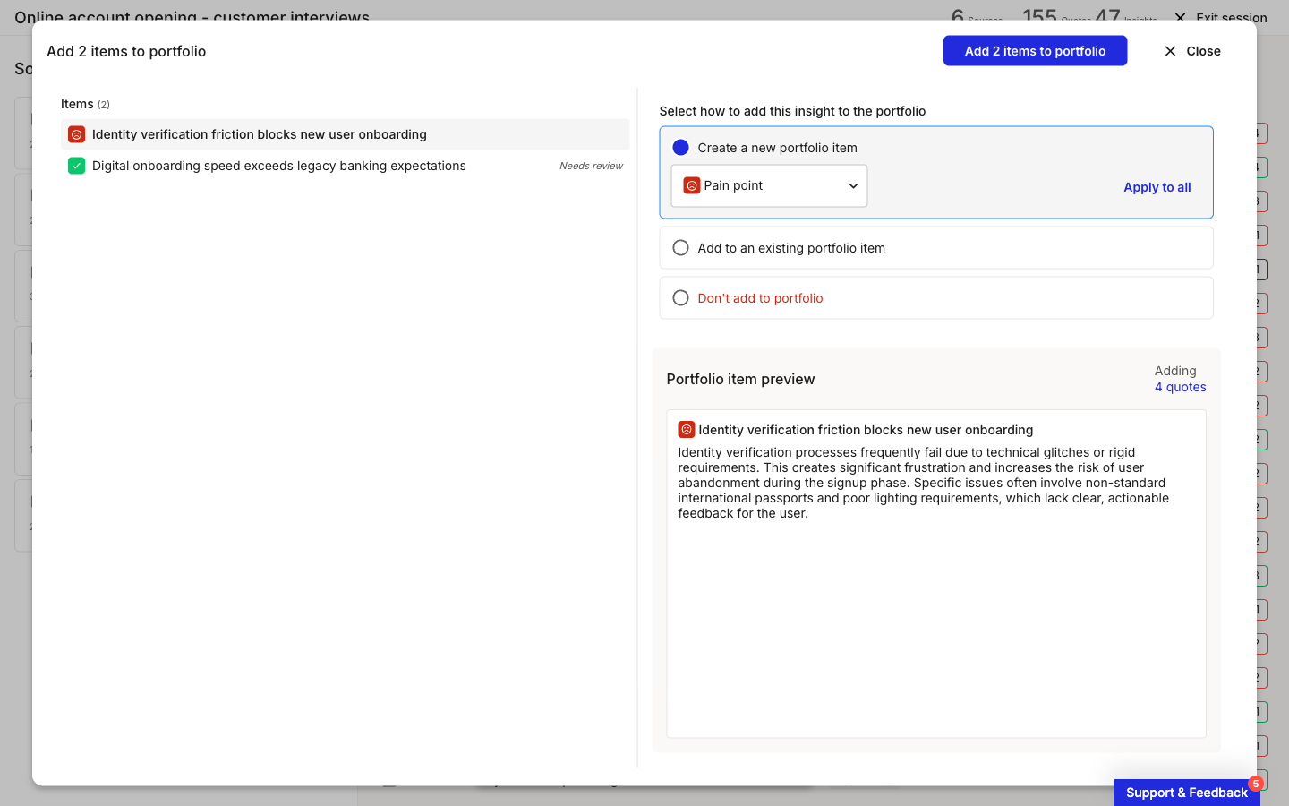 Add-to-portfolio flow with the Items list on the left and three options on the right. Create a new portfolio item is selected with the type set to Pain point, and a portfolio item preview shows the item name, description, and quote count.