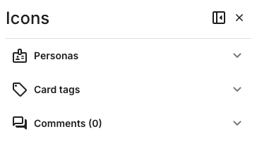 The icon card details panel showing only the universal Personas, Card tags, and Comments (0) sections.