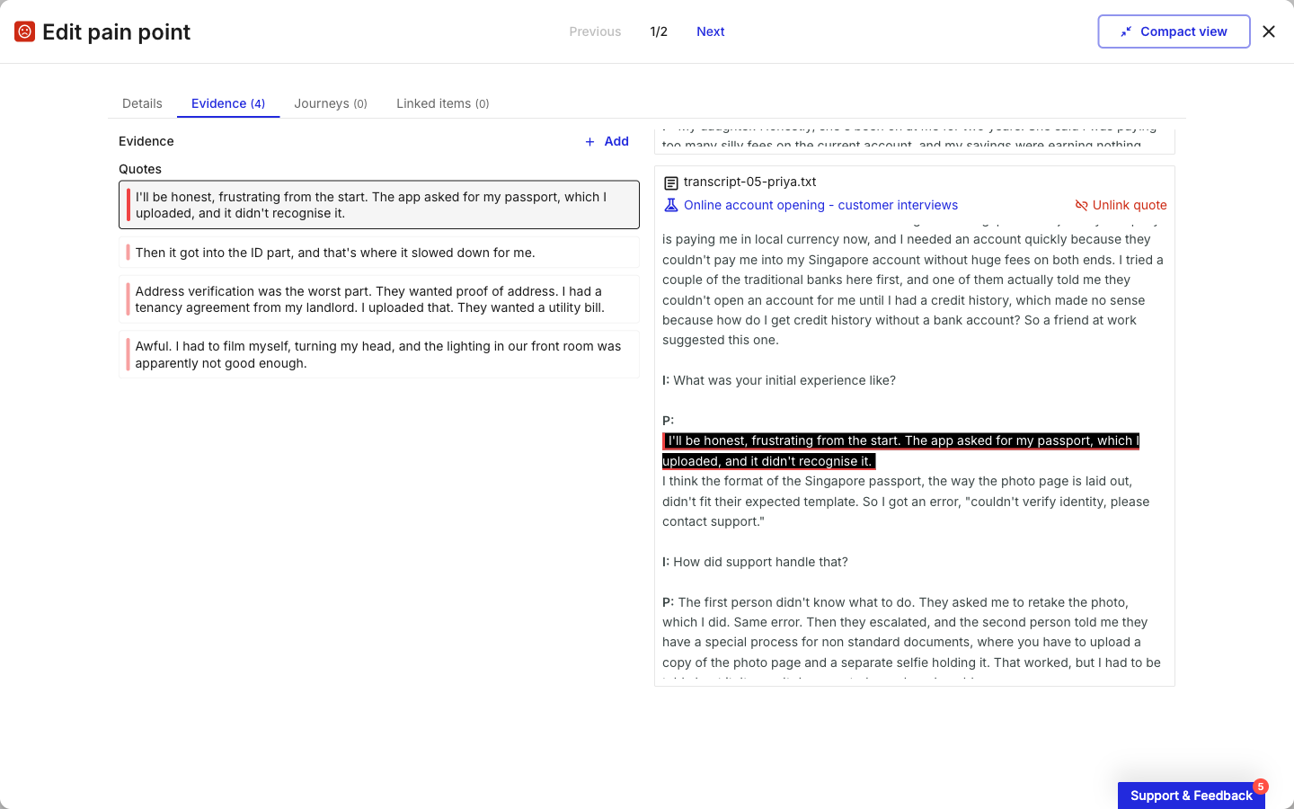 A selected evidence quote highlighted within its source transcript, with an Unlink quote action and a link back to the source investigation.