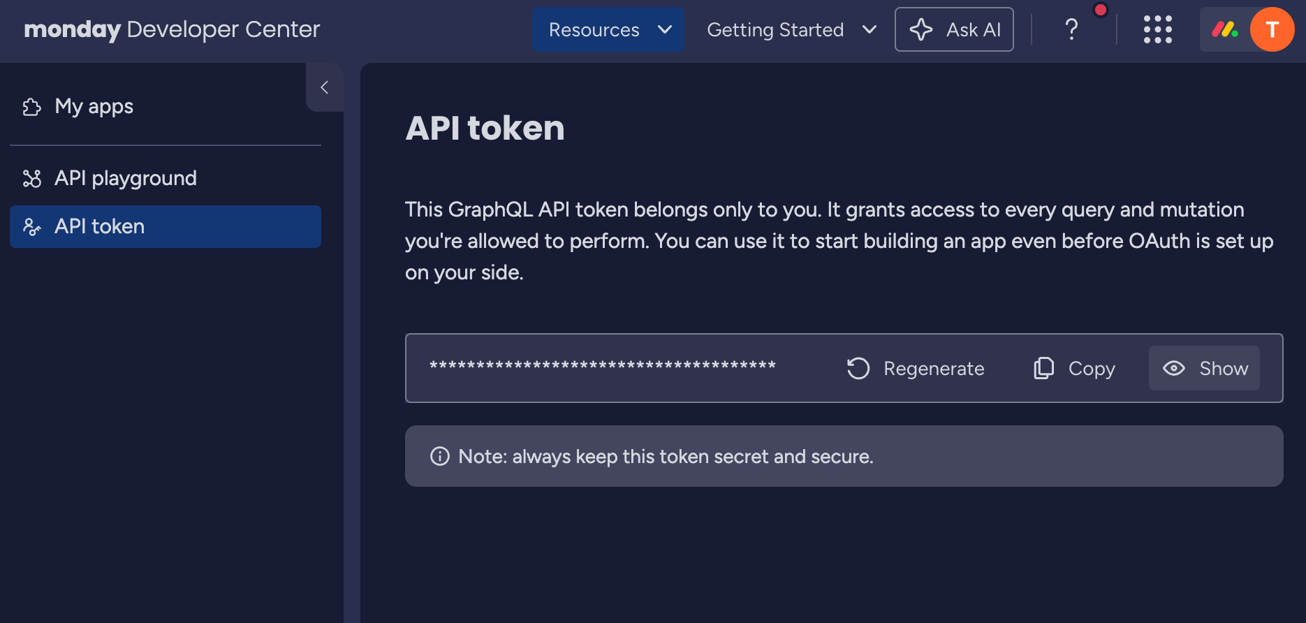 The Monday.com Developer Center on the API token page. The personal API token is masked, with Regenerate, Copy, and Show buttons to its right and a note advising you to keep the token secret.