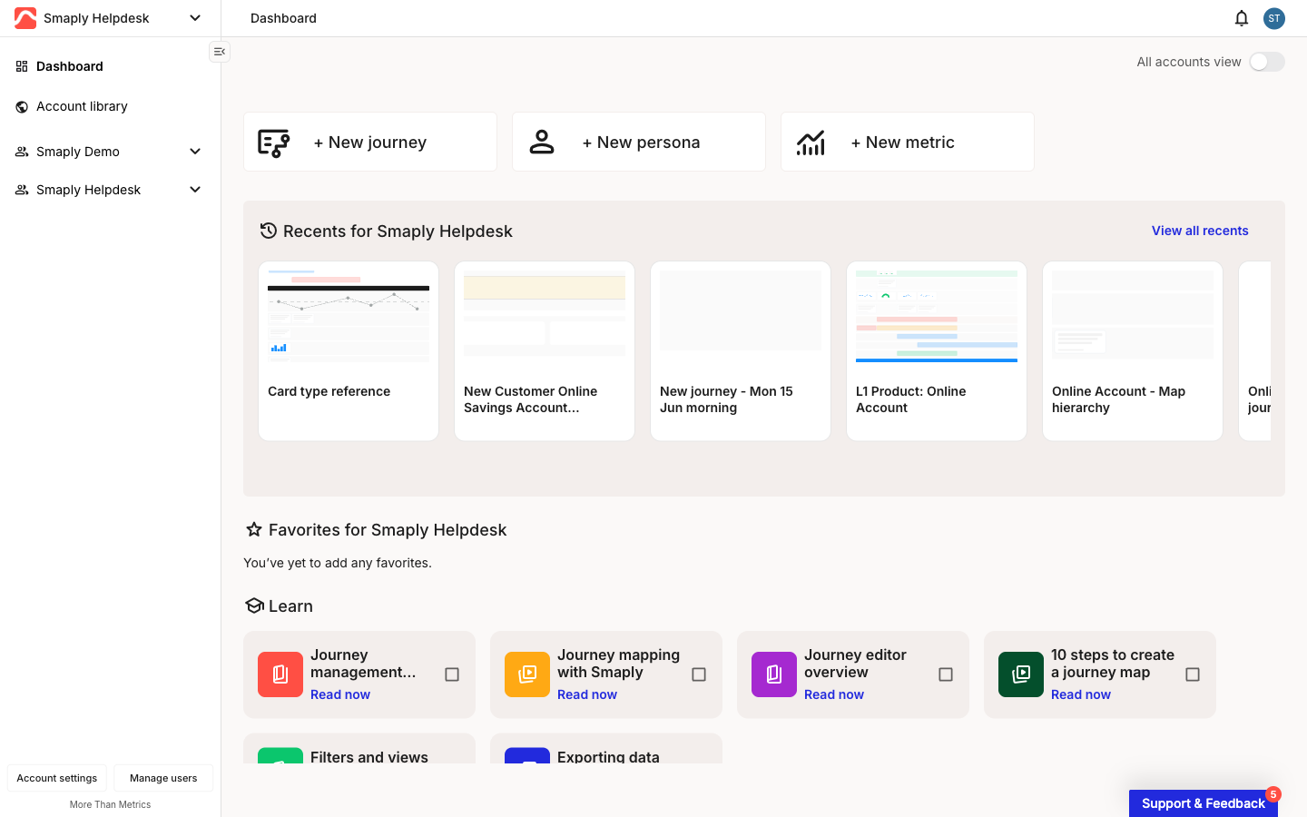 Smaply dashboard at the account level. The left sidebar shows the account switcher dropdown at the top and, at the bottom, an Account settings button next to a Manage users button.
