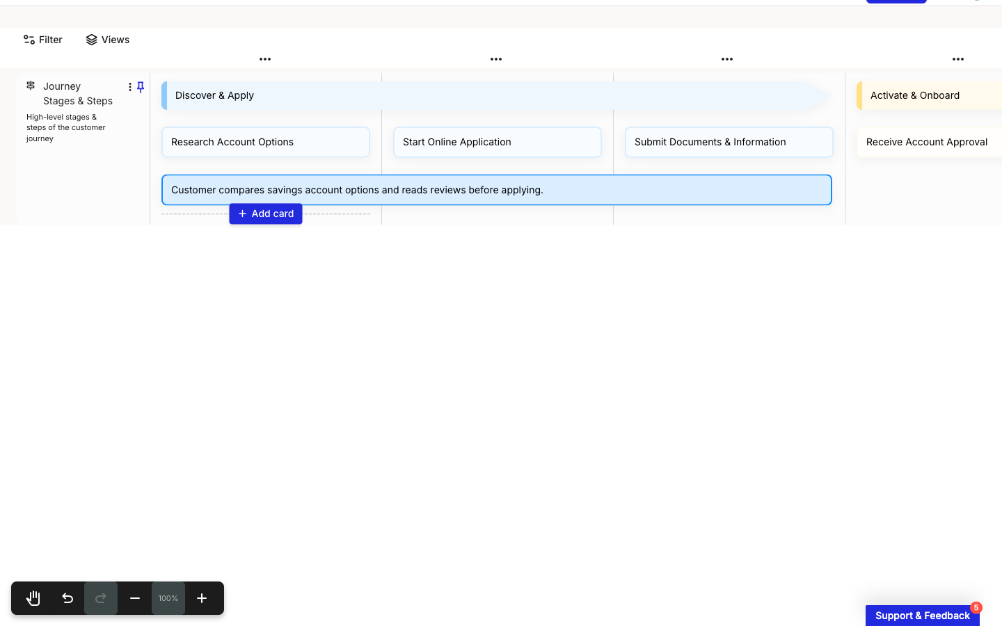 A text card reading Customer compares savings account options and reads reviews before applying, selected and spanning the three step columns of the Discover and Apply stage in a journey map editor.