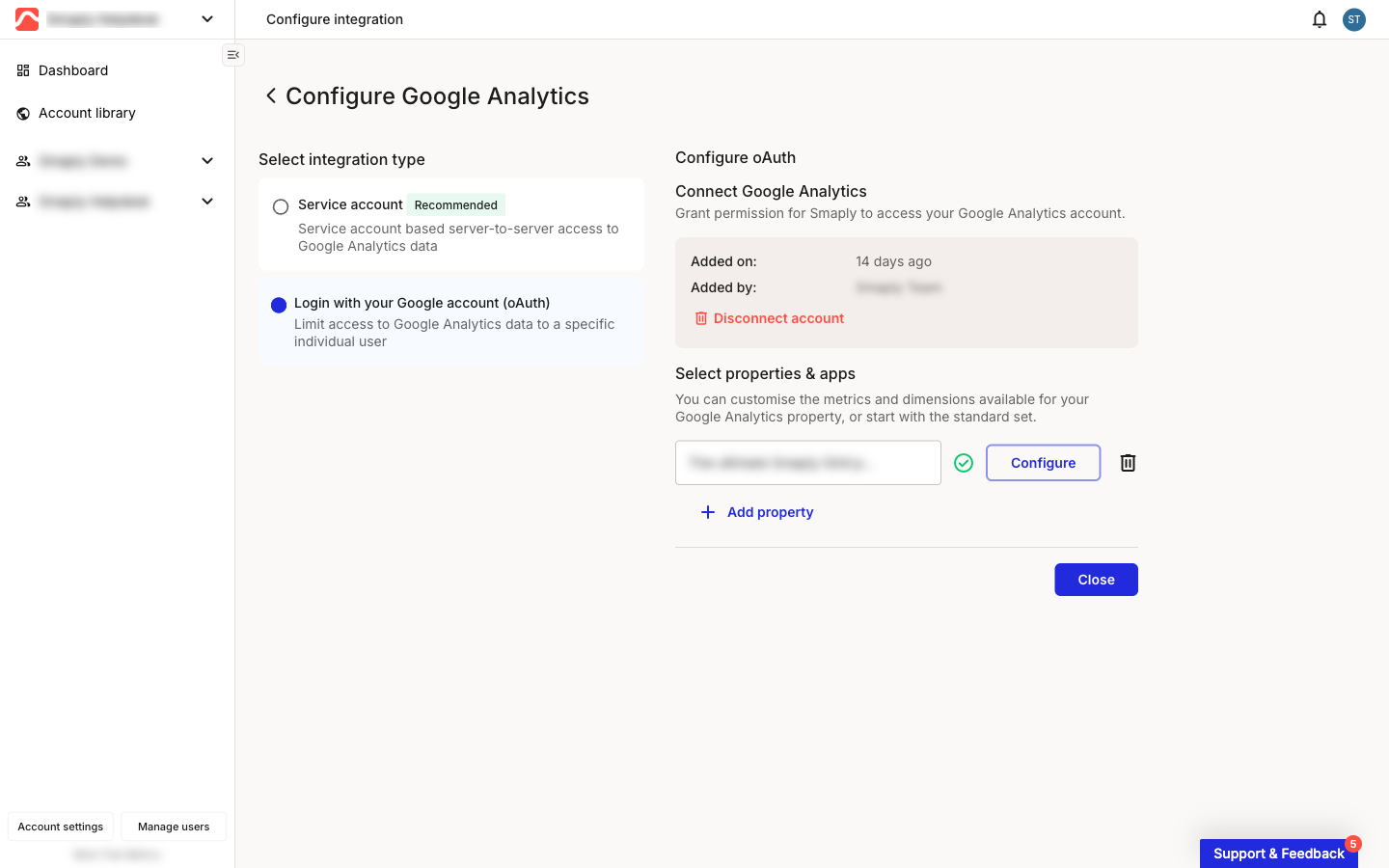 Connected Configure Google Analytics page. The Select properties & apps section lists a connected property with a green check, a Configure button, and a delete icon, plus an Add property link below it.