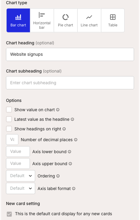 The Options panel for a Series metric. A Chart type row offers Bar chart, Horizontal bar, Pie chart, Line chart, and Table. Below are Chart heading and Chart subheading fields, then options for showing values, decimal places, and axis bounds.