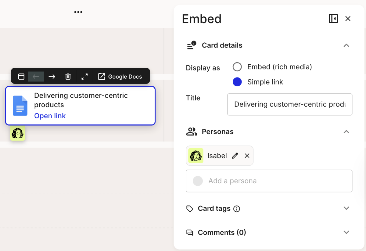 Embed card shown in the new link view