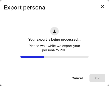 The Export persona modal showing a download icon, the text Your export is being processed, a message to please wait, and a progress bar.