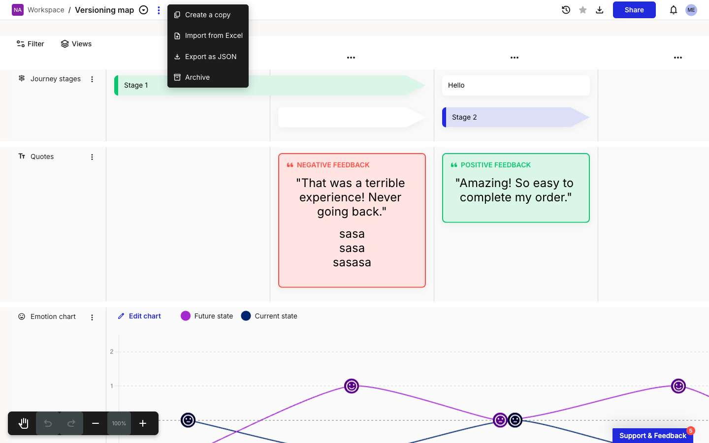 The journey map editor top bar with the three-dot menu open next to the map title 'Versioning map'. The menu shows Create a copy, Import from Excel, Export as JSON, and Archive.