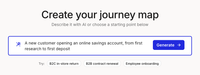The Create your journey map prompt field filled with a sentence describing a new customer opening an online savings account, with the Generate button enabled.