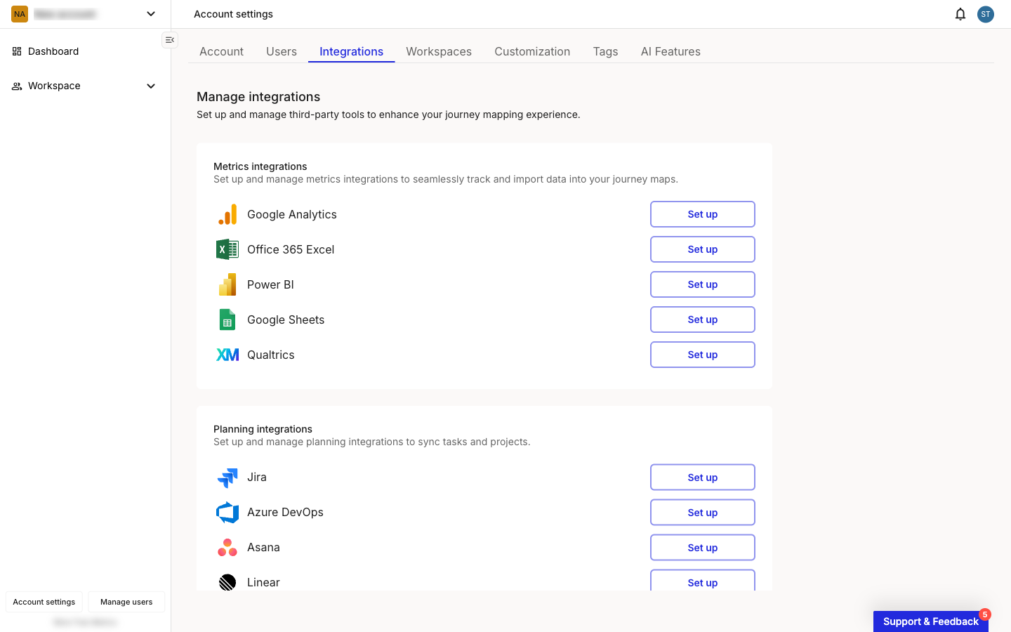 Account settings page with the Integrations tab open. A Metrics integrations section lists Google Analytics, Office 365 Excel, Power BI, Google Sheets, and Qualtrics, each with a Set up button. A Planning integrations section below lists Jira, Azure DevOps, Asana, and Linear, also each with a Set up button.