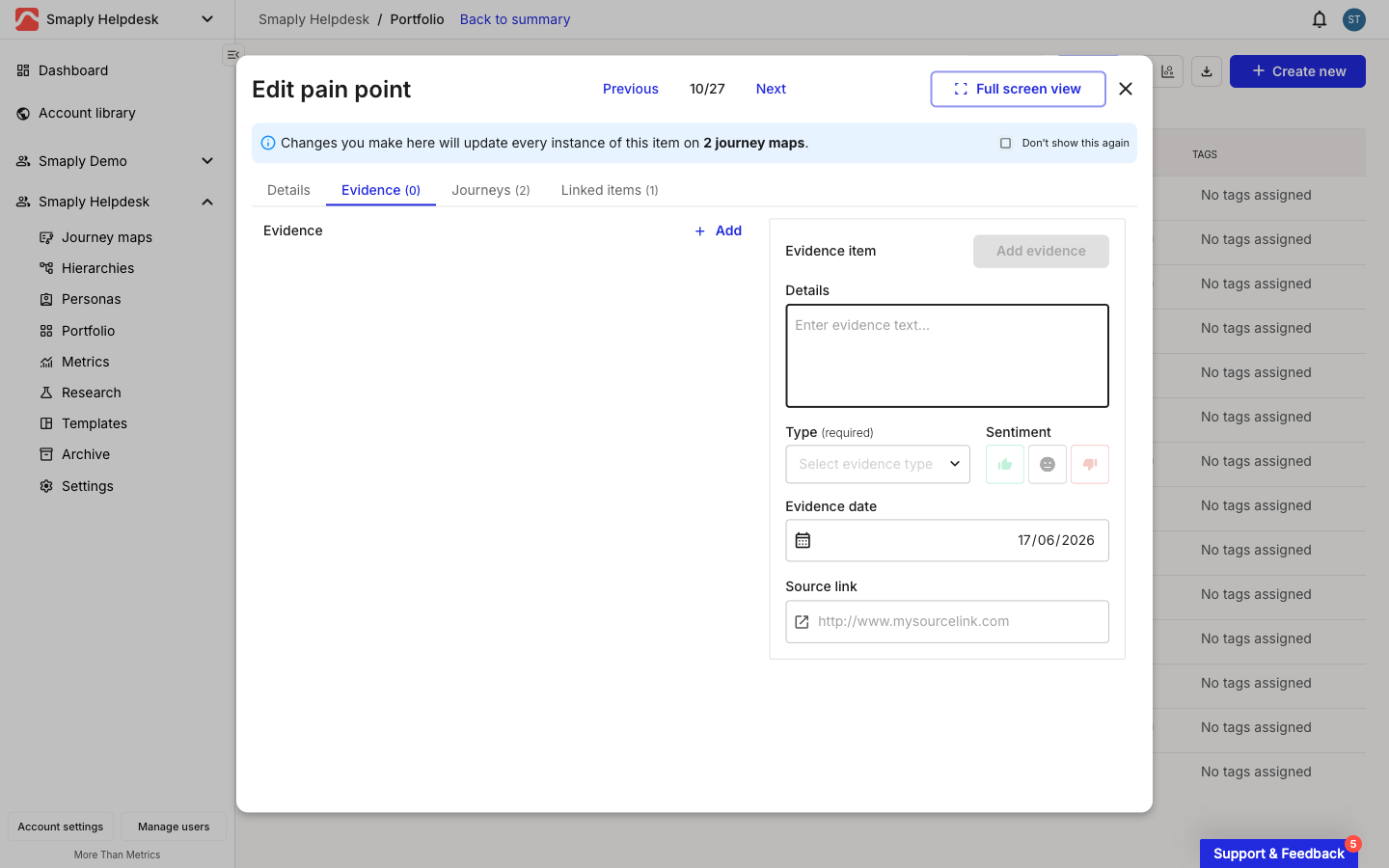 A blank evidence form on the Evidence tab, with a Details text box, a Type dropdown, three sentiment buttons, an Evidence date field, and a Source link field.