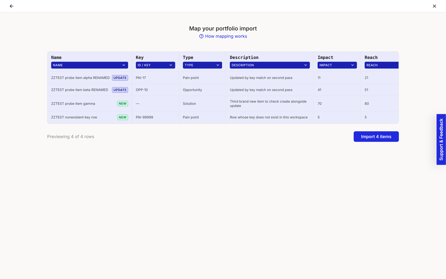 The mapping preview with a Key column populated. Two rows show an UPDATE badge next to a renamed item, and two more show a NEW badge, one with a blank key and one with a key that matches nothing in the account.
