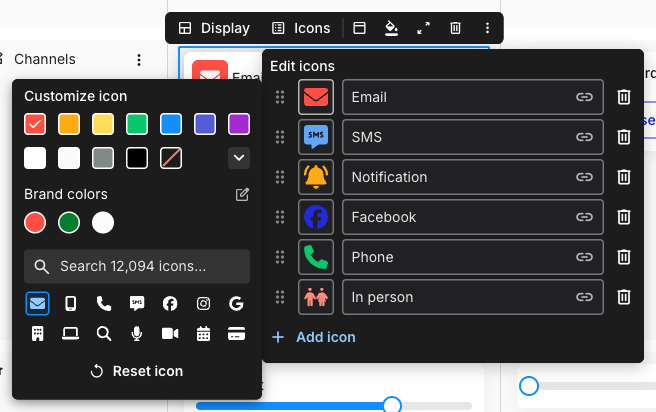 The Customize icon popover with an accent colour grid, a Brand colors section, and a Search icons field showing a grid of icon results.