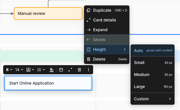 The Height submenu open from the card's three-dot menu, listing Auto (grows with content), Small at 40 px, Medium at 80 px, Large at 160 px, and Custom.